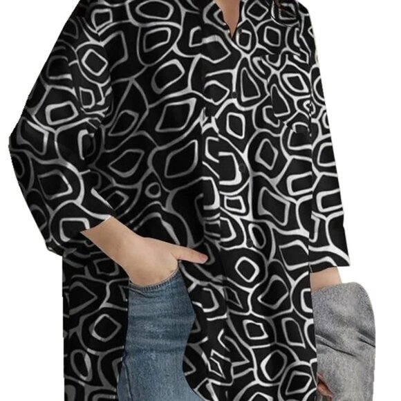 2/$40 Black Geometric Print Button Down Tunic Oversized Long Sleeve Shirt Blouse - Picture 4 of 5